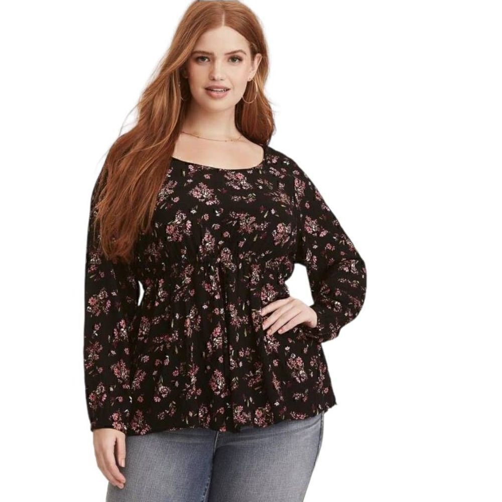 Torrid Textured Woven Tie Waist Blouse Womens SZ 4 (26) Plus Size Floral Long Sl